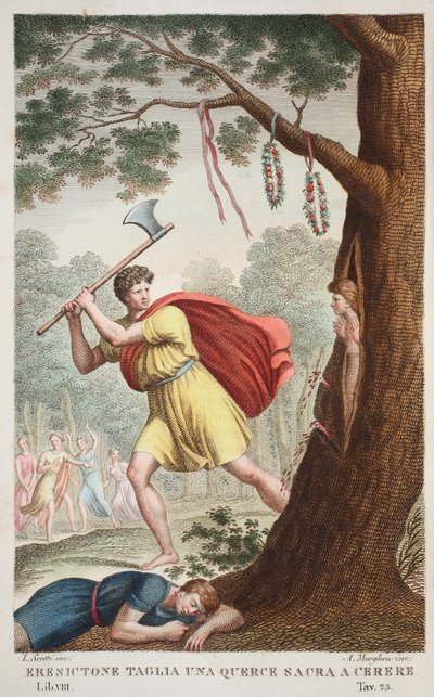 El orgullo de Erysichthon o Eresictone corta un roble sagrado a Ceres, Libro VIII, ilustración de 